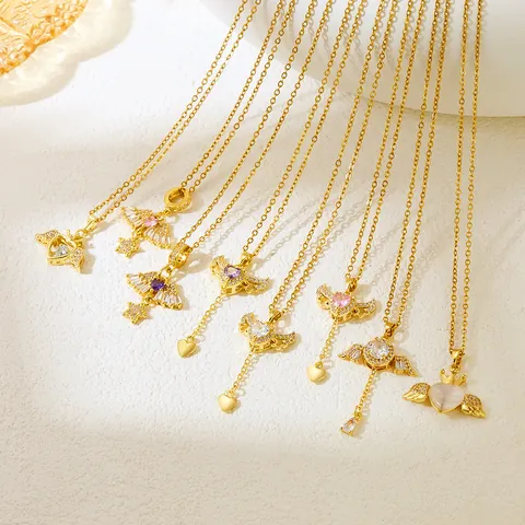 Angel Wings Pendant Necklace Copper Gold Plated Heart Zirconia Clavicle Chain For Women Fashion Jewelry