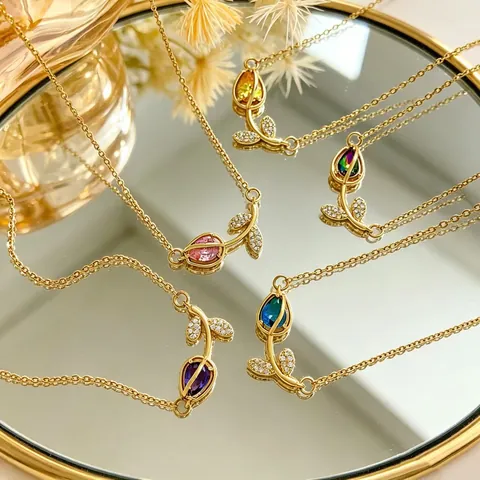 Elegant Copper Zirconia Tulip Flower Pendant Necklace For Women French Romantic Gold Plated Botanical Garden Style Jewelry Gift