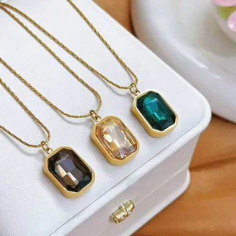 Stainless Steel Square Gemstone Pendant Necklace Drop Earrings For Women Minimalist Gold Plated Emerald Green Champagne Black Rhinestone Jewelry