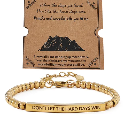 Stainless Steel 4mm Beaded Bracelet With Engraved Curved Tube Inspirational Message Don't Let The Hard Days Win Jewelry For Couples