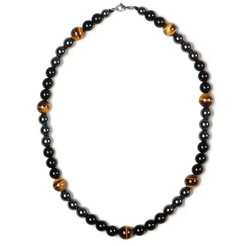 Men Retro Triple Protection Necklace Tiger Eye Hematite Black Obsidian Natural Stone Beads Necklace For Healing Energy Jewelry