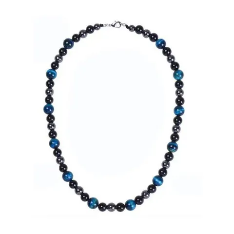 Men Retro Triple Protection Necklace Tiger Eye Hematite Black Obsidian Natural Stone Beads Necklace For Healing Energy Jewelry