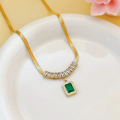 Women Gold Stainless Steel Square Green Zirconia Jewelry Set Fashion Snake Chain Necklace Bracelet Earrings Rhinestone Gift
