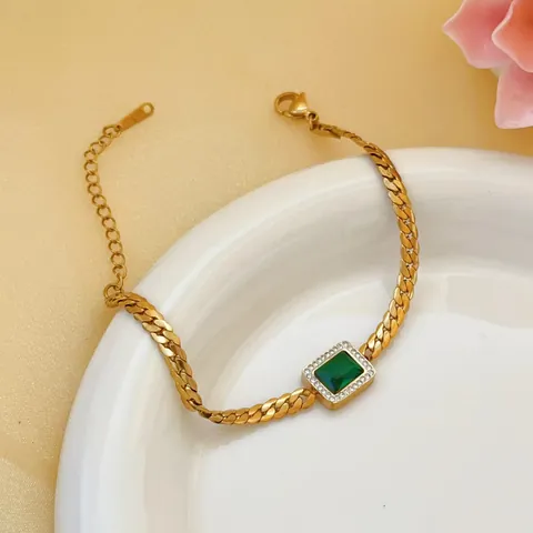 Women Gold Stainless Steel Square Green Zirconia Jewelry Set Fashion Snake Chain Necklace Bracelet Earrings Rhinestone Gift