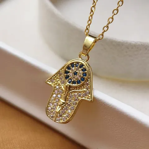 Hamsa Hand Evil Eye Pendant Necklace And Stud Earrings Set Copper Zirconia Gold Plated Fashion Jewelry Gift For Women