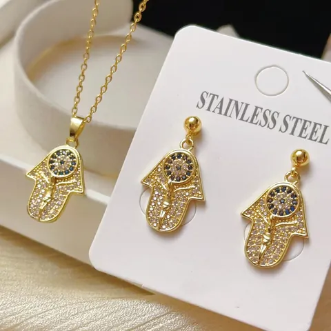 Hamsa Hand Evil Eye Pendant Necklace And Stud Earrings Set Copper Zirconia Gold Plated Fashion Jewelry Gift For Women