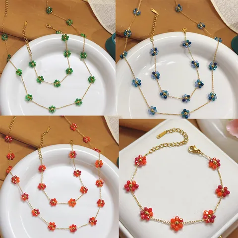 Stainless Steel Colorful Crystal Flower Necklace Bracelet Anklet For Women Bohemian Artificial Pearl Rhinestone Camellia Floral Jewelry