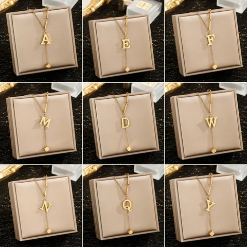 Minimalist Stainless Steel Gold Plated Initial Letter Necklace For Women Square Cube Pendant Anti-Fade Clavicle Chain Jewelry