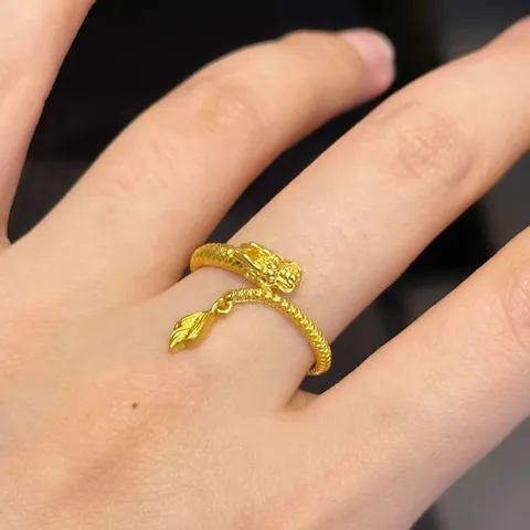 Brass Gold Plated Dragon Open Ring Adjustable Zodiac Sign Dangle Finger Ring For Women Ethnic Style Fashion Jewelry Gift
