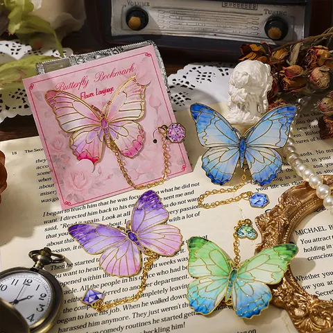 Vintage Metal Butterfly Bookmark Hollow Gradient Page Marker Decorative Book Clip With Gemstone Pendant For Students Readers Gift Stationery