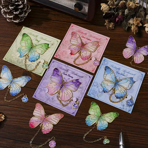 Vintage Metal Butterfly Bookmark Hollow Gradient Page Marker Decorative Book Clip With Gemstone Pendant For Students Readers Gift Stationery