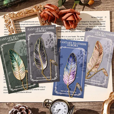 Creative Metal Feather Bookmark Vintage Gradient Enamel Design With Tassel Chain Pendant Book Page Marker Stationery Gift