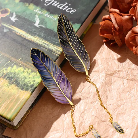 Creative Metal Feather Bookmark Vintage Gradient Enamel Design With Tassel Chain Pendant Book Page Marker Stationery Gift