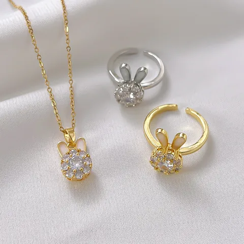 Sweet Rotating Rabbit Pendant Necklace Titanium Steel Copper Rhinestone Enamel Animal Jewelry Open Ring Stud Earrings