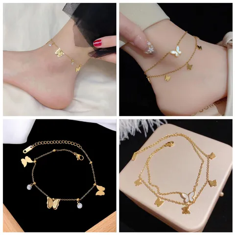 Stainless Steel Gold Butterfly Anklet For Women Shell Artificial Pearl Rhinestone Double Layer Summer Foot Jewelry Gift