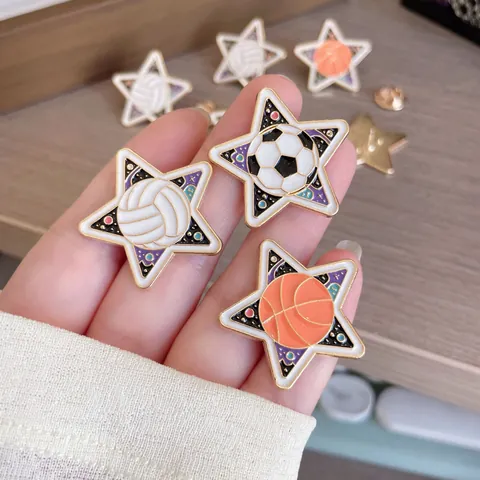 Sports Series Pentagram Brooch Basketball Football Volleyball Metal Badge Enamel Drip Pin Bag Apparel Accessories Unisex Jewelry