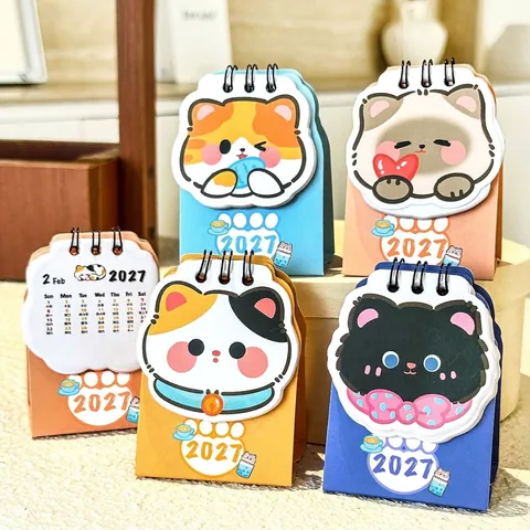 2027 Mini Cute Cat Desk Calendar Cartoon Animal Standing Coil Monthly Planner For Student Office Desktop Decoration Gift