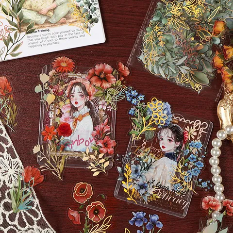30 Sheets Floral PET Transparent Stickers Laser Gold Hot Stamping Waterproof Decorative Scrapbooking Stickers For DIY Journaling Craft