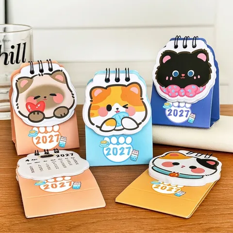 2027 Mini Cute Cat Desk Calendar Cartoon Animal Standing Coil Monthly Planner For Student Office Desktop Decoration Gift