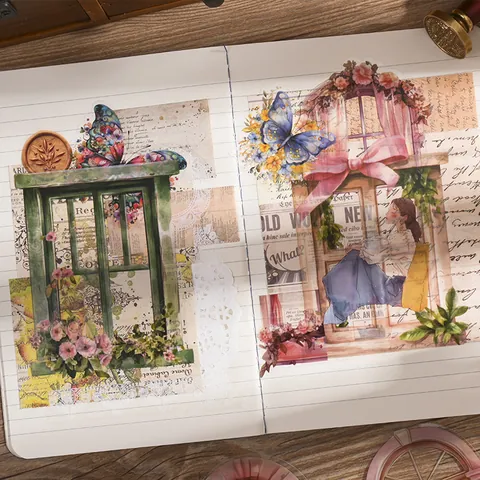 Vintage PET Clear Window Stickers Floral Scrapbooking Material Waterproof Aesthetic Journaling Deco Stickers For DIY Crafts
