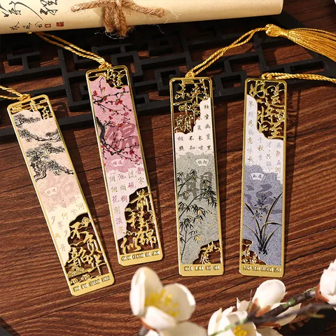 Ancient Chinese Style Hollow Metal Bookmark With Tassel Floral Landscape Pattern Calligraphy Reading Mark Student Stationery
