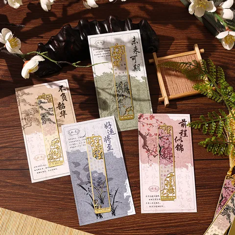 Ancient Chinese Style Hollow Metal Bookmark With Tassel Floral Landscape Pattern Calligraphy Reading Mark Student Stationery