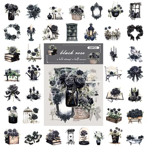 50 Blatt Vintage Botanische Florale PET Aufkleber Set Transparent Wasserdicht Gotische Rose Aufkleber Für DIY Journaling Scrapbooking Basteln