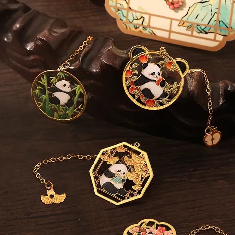 Cute Panda Metal Bookmark Hollow-out Chinese Style Golden Alloy Book Page Marker With Tassel For Kids Students Gift Award