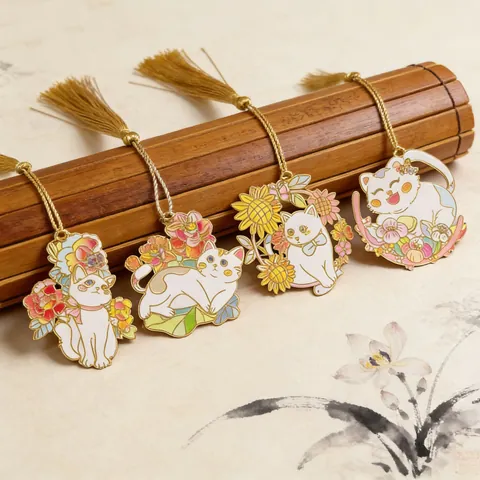Exquisite Metal Cat Bookmark With Golden Tassel Vintage Enamel Floral Kitten Page Marker For Students School Office Supplies Stationery Gift