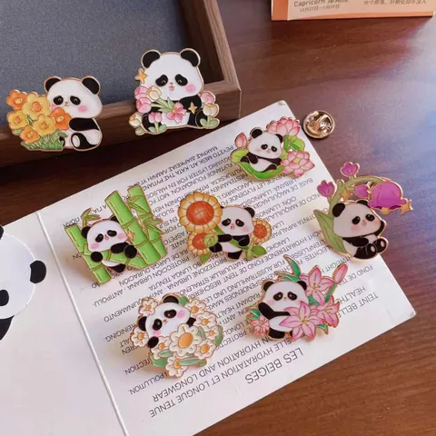 Cute Cartoon Panda Flower Metal Enamel Brooch Pins Zinc Alloy Animal Badge Backpack Clothes Lapel Pins For Women Kids Jewelry