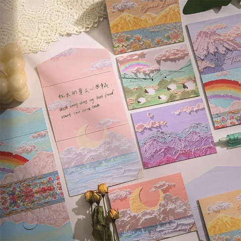 Tarjetas de Felicitación de Triple Pliegue con Textura de Pintura al Óleo Postales de Paisajes Artísticos Tarjetas de Mensaje en Blanco DIY para Regalo de Festival