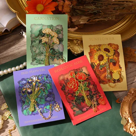 Vintage Floral Metal Bookmark Enamel Flower Book Page Marker With Chain For Students Teachers Gift Impressionist Art Style