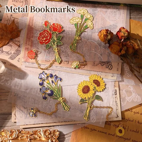 Vintage Floral Metal Bookmark Enamel Flower Book Page Marker With Chain For Students Teachers Gift Impressionist Art Style