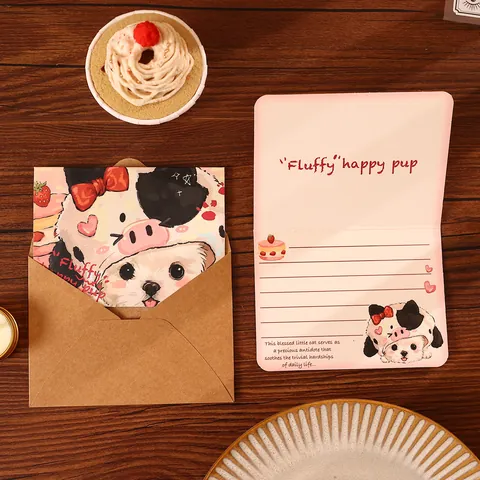 Juego de Tarjetas de Felicitación de Flores y Animales de Dibujos Animados Cartulina Invitación Con Sobre Pegatina Para Regalo