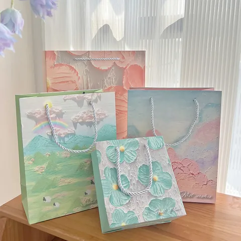 Creative Oil Painting Style Paper Gift Bag Artistic Floral Thick Cardstock Packaging Tote With Braided Handle For Holiday Birthday Party Favors