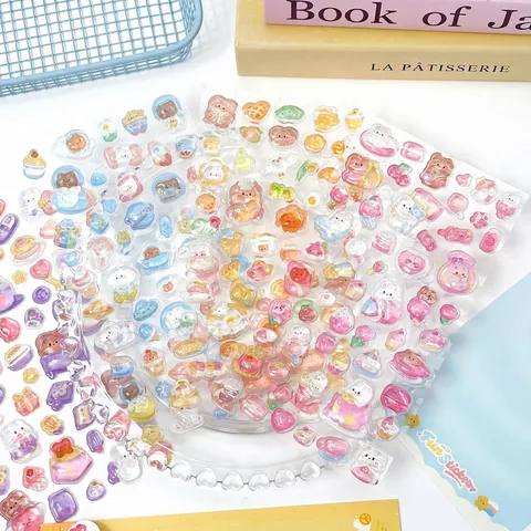 Cute Cartoon 3D Relief Stickers Crystal Texture Waterproof PVC Journal Scrapbooking Decoration Stickers For Phone Case DIY Kids Stationery Gift
