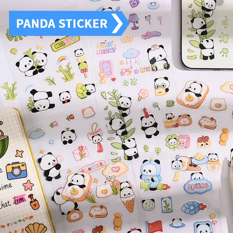 Kawaii Panda PET Transparent Stickers Waterproof Decorative Animal Decals For DIY Scrapbooking Journaling Water Bottle Stationery Supplies