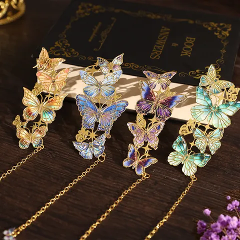 Vintage Metal Butterfly Bookmark Aesthetic Hollow Enamel Book Marker With Chain Pendant For Student Reader Gift Office Supplies