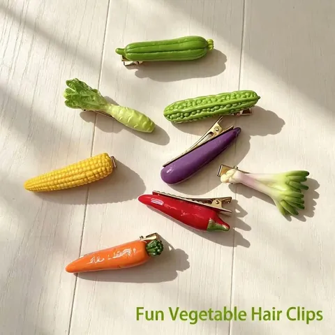 Funny Simulated Vegetable Hair Clip Resin Chili Cucumber Eggplant Carrot Bitter Gourd Duckbill Side Clip Jewelry For Women