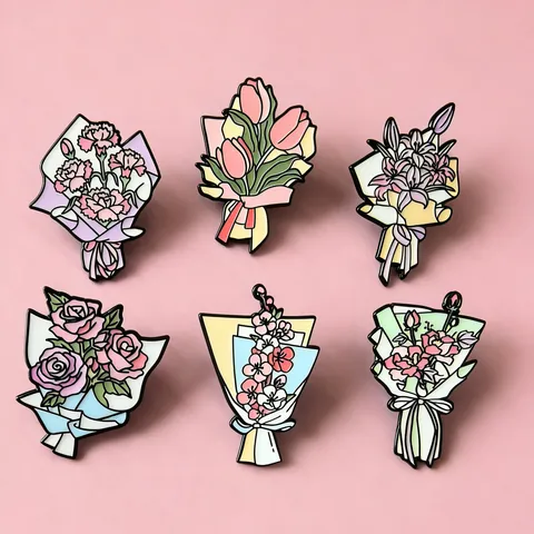 Elegant Zinc Alloy Floral Bouquet Brooch For Women Enamel Tulip Rose Lily Carnation Flower Badge Pin Festive Commemorative Jewelry Gift