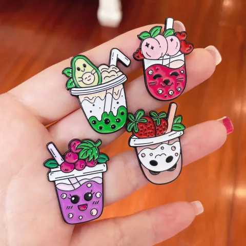 Cute Cartoon Fruit Milk Tea Cup Brooch Enamel Zinc Alloy Pin Peach Avocado Grape Strawberry Badge Fashion Jewelry Gift For Students