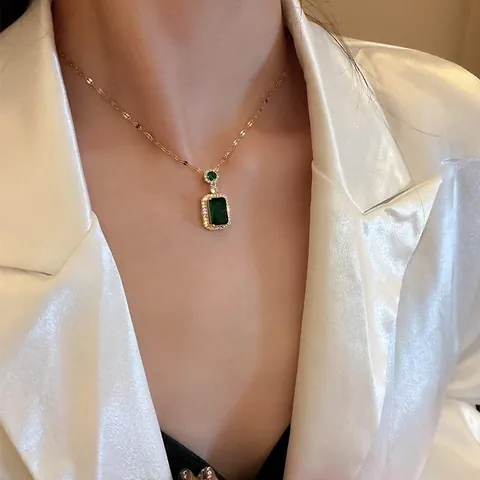 Luxury Emerald Ruby Amethyst Rectangle Rhinestone Pendant Necklace Titanium Steel Gold Plated Clavicle Chain Ring Earrings Jewelry Set For Women
