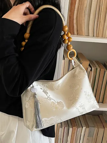 New Chinese Style Jacquard Underarm Bag For Women Vintage Floral Bucket Bag With Wooden Beads And Tassel Shoulder Bag