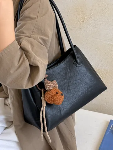 Damen High-End Pendler Einkaufstasche PU-Leder Großes Fassungsvermögen Retro Maillard Stil Handtasche Mit Bärenanhänger Schultertasche