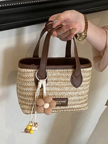 Handgewebte Strohbeuteltasche Damen Sommer Regenbogen Gestreift Strand Handtasche Mit Blumenanhänger Ledergriff Urlaubstasche