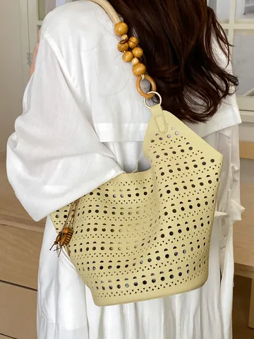 Hollow-out Laser Cut Tote Bag for Women Large Capacity PU Leather Shoulder Bag with Wooden Bead Handle Retro Handbag