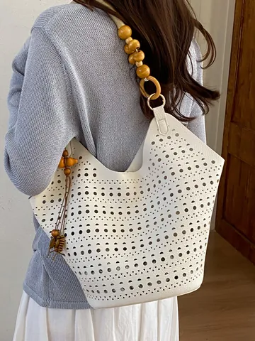 Hollow-out Laser Cut Tote Bag for Women Large Capacity PU Leather Shoulder Bag with Wooden Bead Handle Retro Handbag