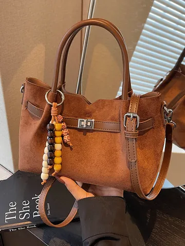 Vintage Suede Tote Bag For Women Retro Solid Color Handbag With Metal Lock Crossbody Shoulder Bag Office Daily Travel Bag