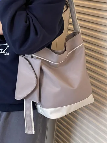 Women Canvas Color Block Tote Bag Korean Large Capacity Shoulder Bag Casual Commuting Handbag With Mini Pouch For Daily