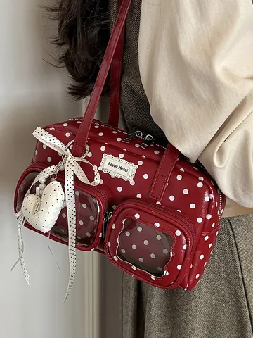 Retro Stippenpatroon Onderarmtas Voor Vrouwen PU Leer Verfijnde Kussentas Schoudertas Dagelijks Pendelen Handtas Met Hartehanger
